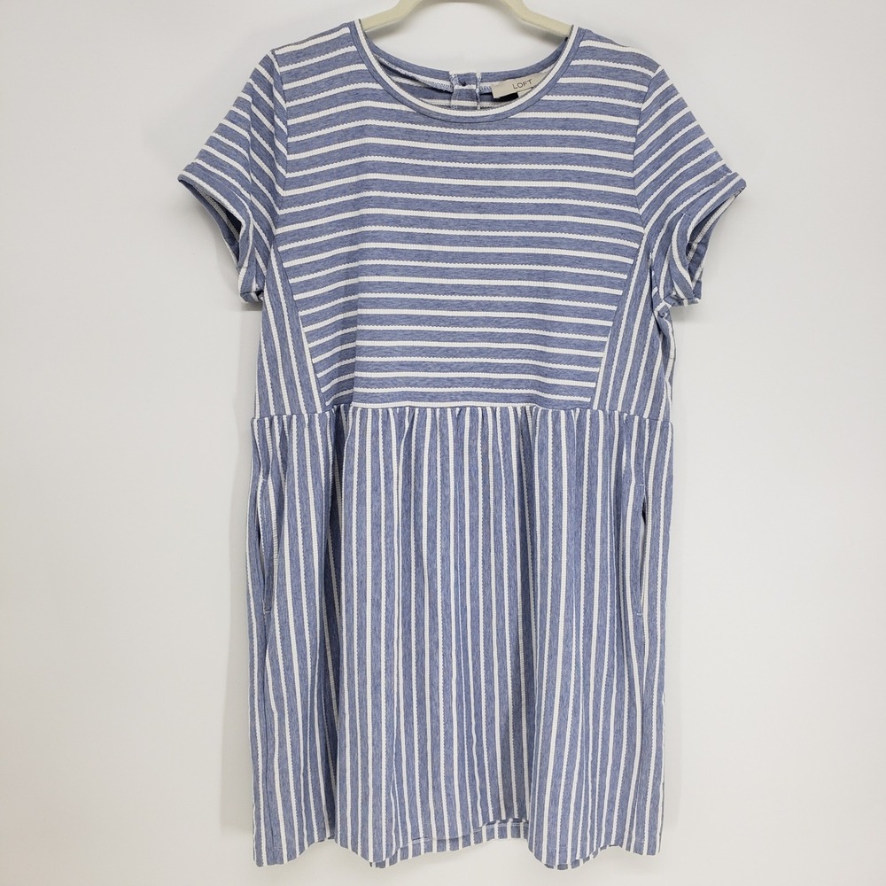 LOFT Striped Babydoll Dress Women L Blue White Short Sleeve Textured Cotton Knit